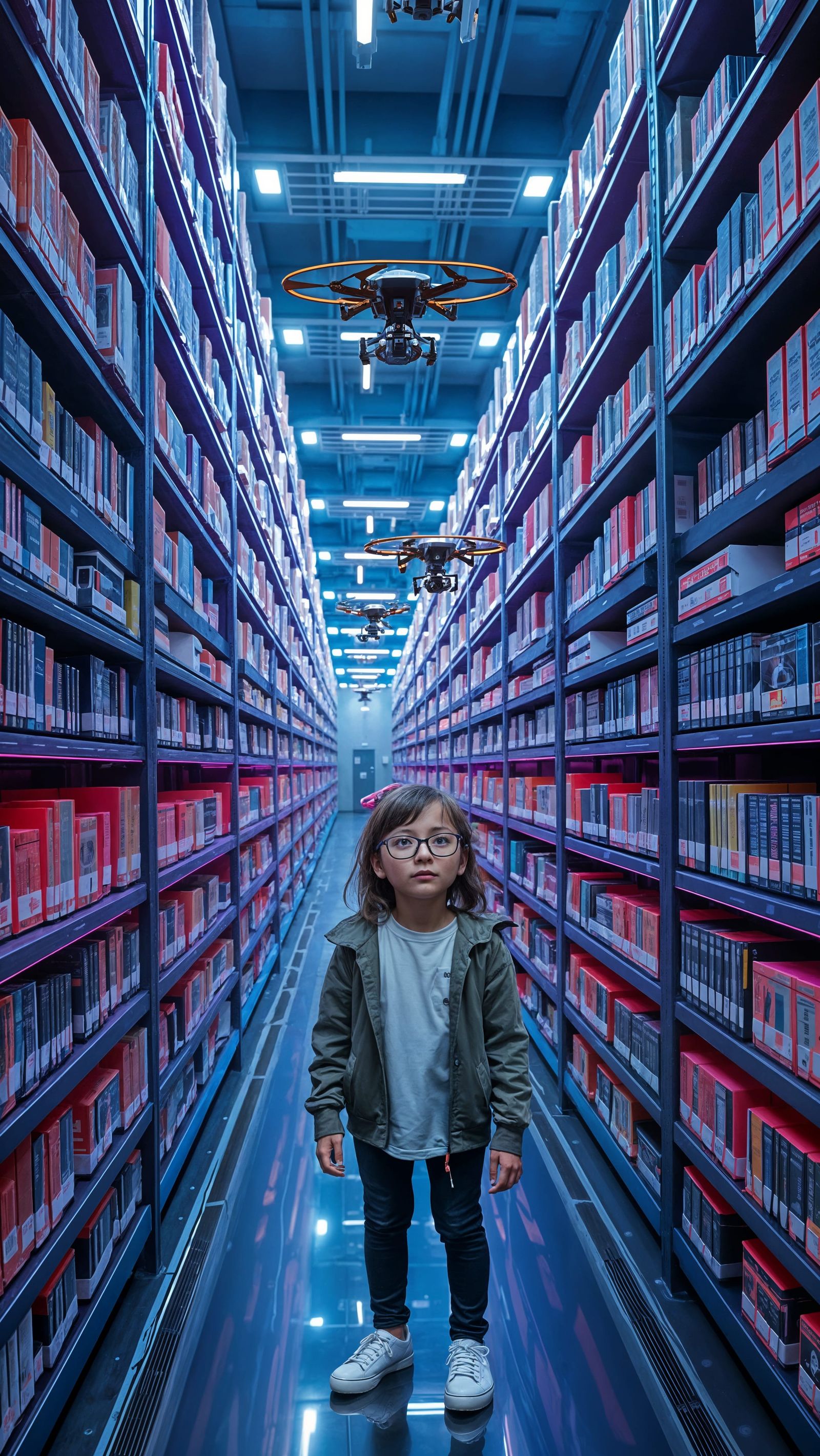 Surreal Cyberpunk Library with Endless Stacks and Confused G...