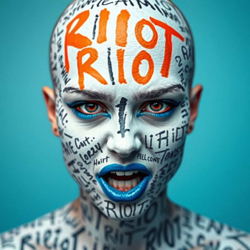 Bold Portrait Covered in Riot Text on Gradient Background