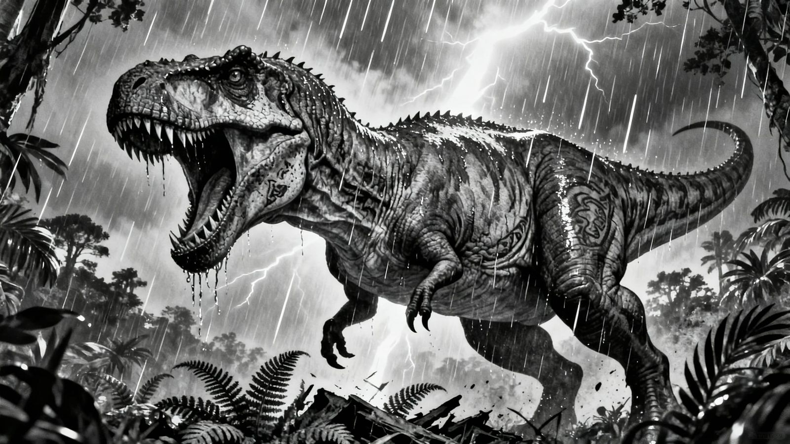 T-Rex Emerges from Jungle Storm in Tattoo Realism Style