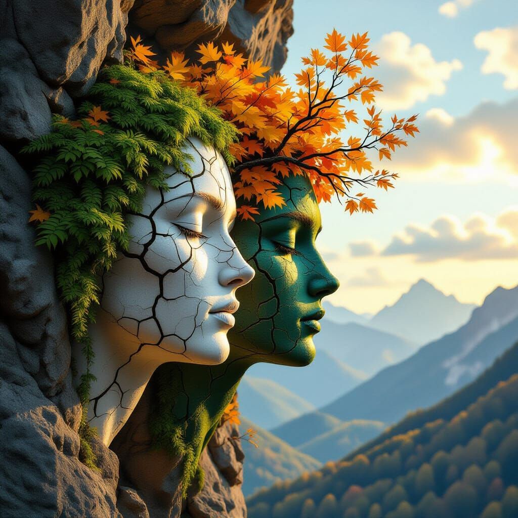 Two Faces Emerge from Cliffside in Autumn Landscape