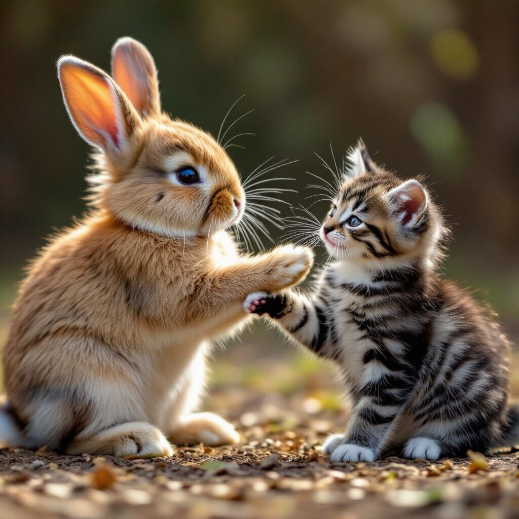 Bunny Slaps Kitten in Humorous Encounter