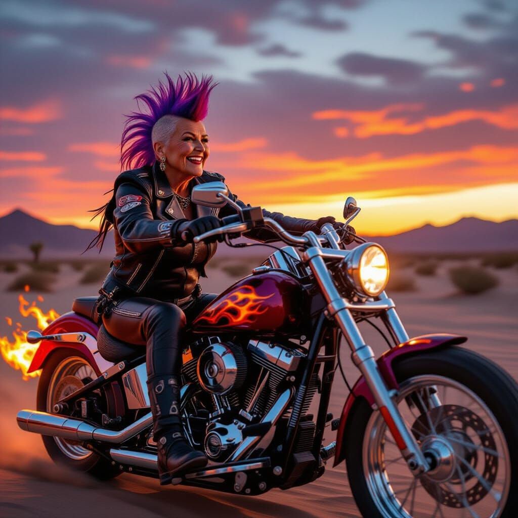 Steampunk Biker Grandma Rides into the Sunset