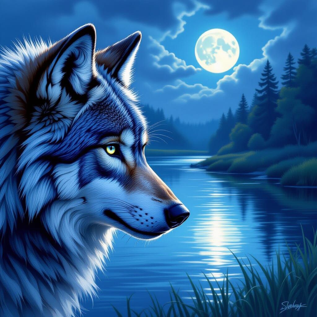 Hyperrealistic Wolf Eye Reflecting Moonlit River