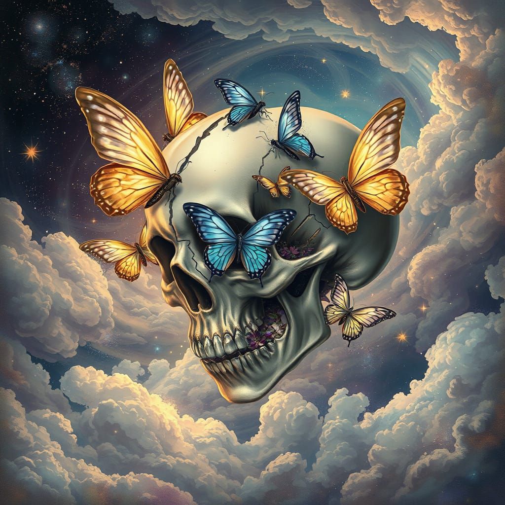 Fractured Skull Amidst Cosmic Clouds, Surrounded by Iridesce...