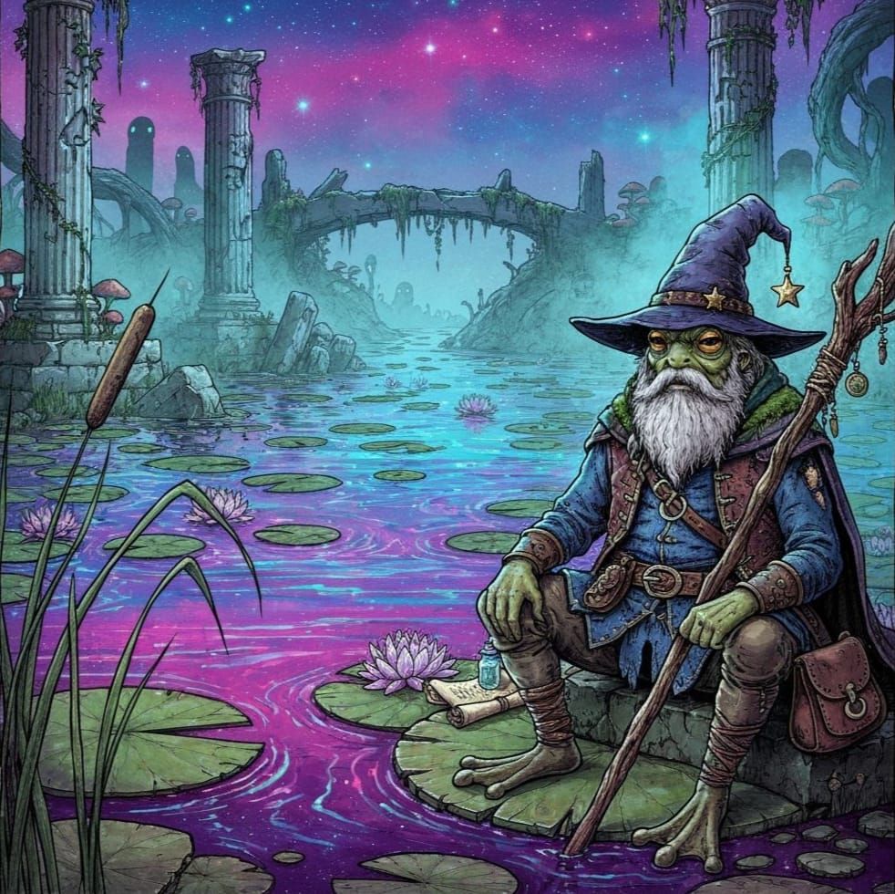 Frog Wizard at Dusk in Detailed Fantasy Illustration