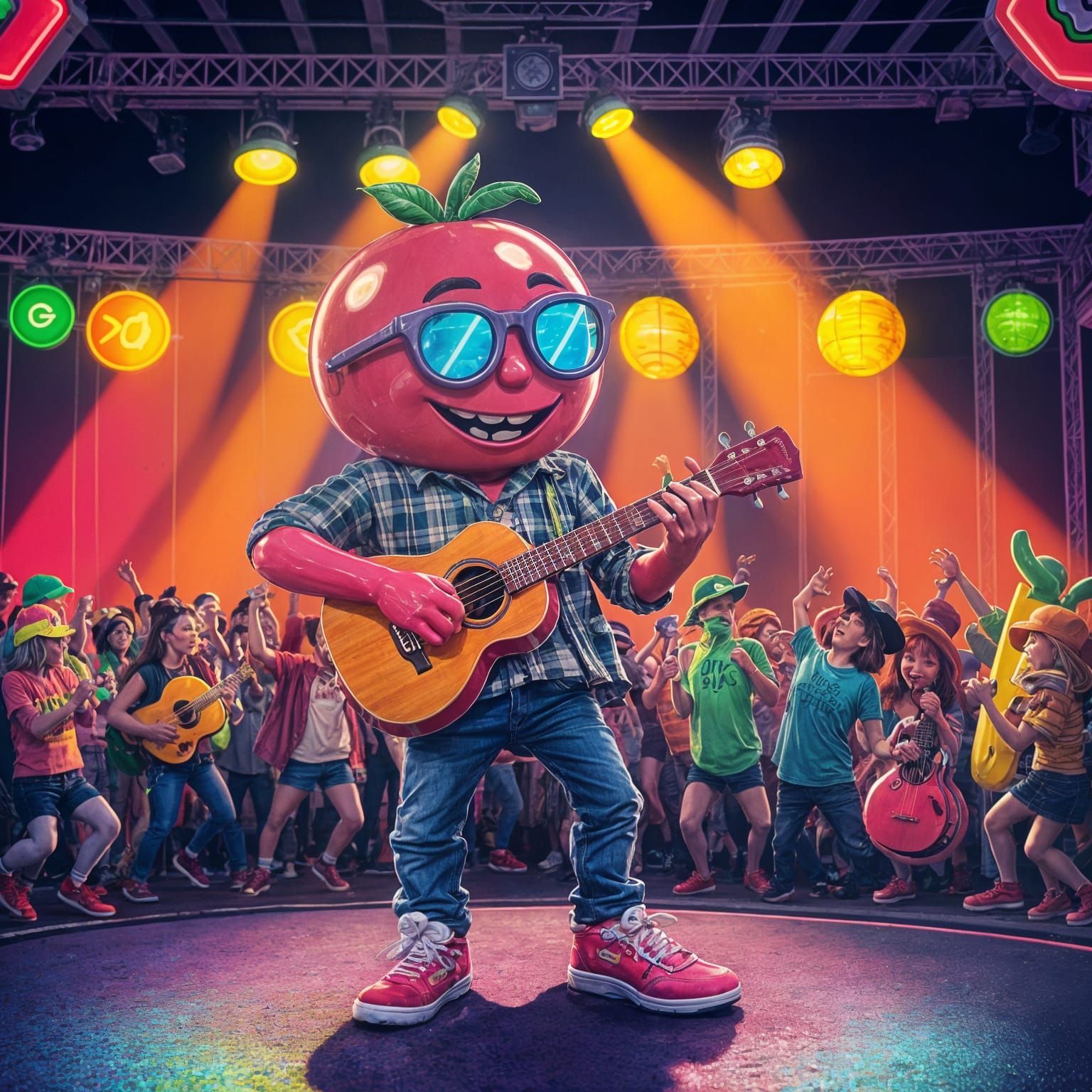 Tomato Hipster Strums Ukulele in Neon Pop Art Style