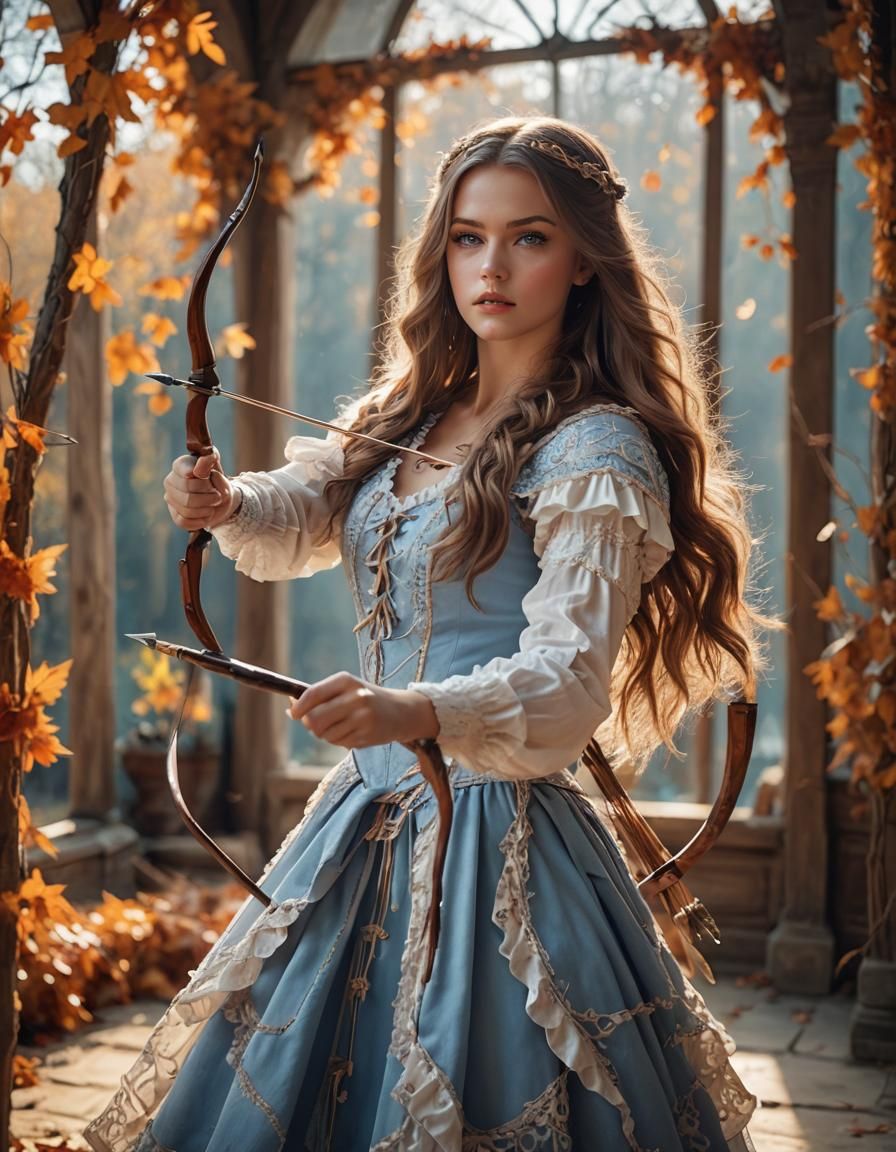 Beautiful Woman with Bow and Arrow in Autumn Sunlight