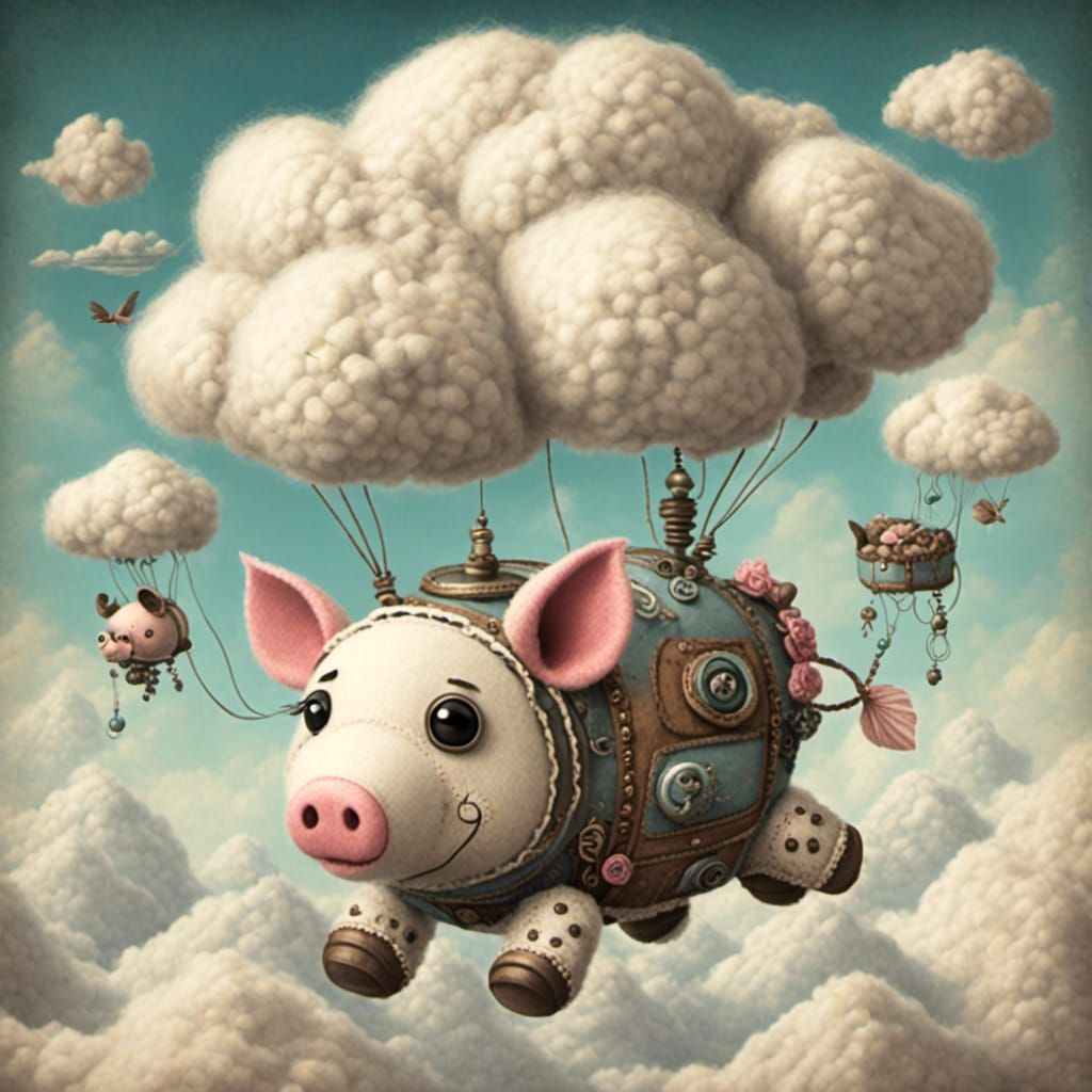 Yarn Robot Pig Flying in the Clouds