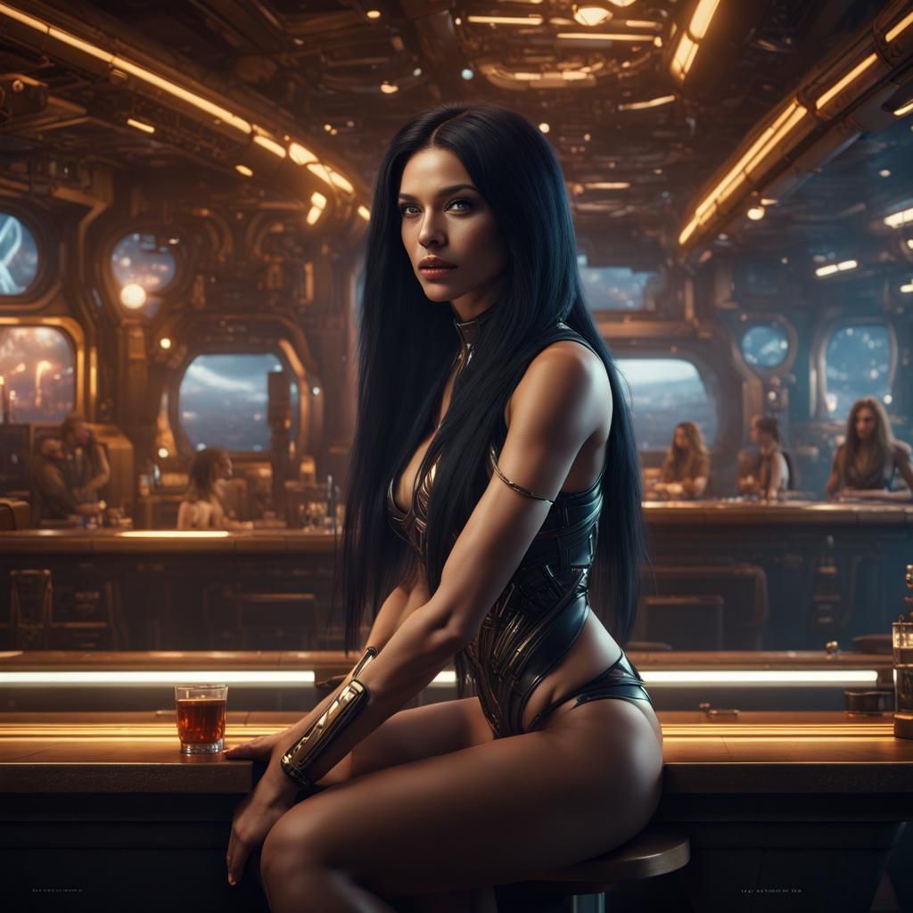 Woman in Spaceport Bar: Detailed Fantasy Art