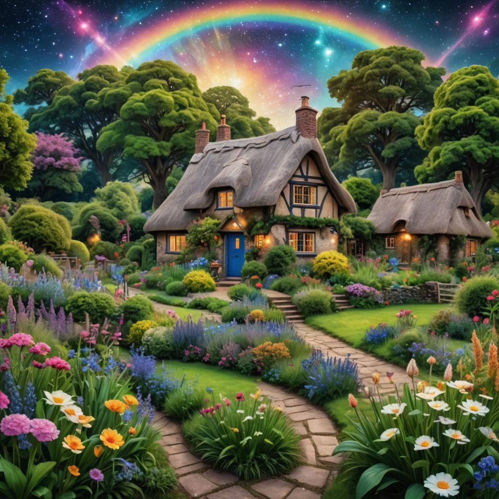 English Thatched Cottage in Cosmic Garden, Mixed Media