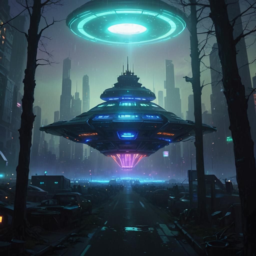 UFO Hovering Over City Street in Neon Lights