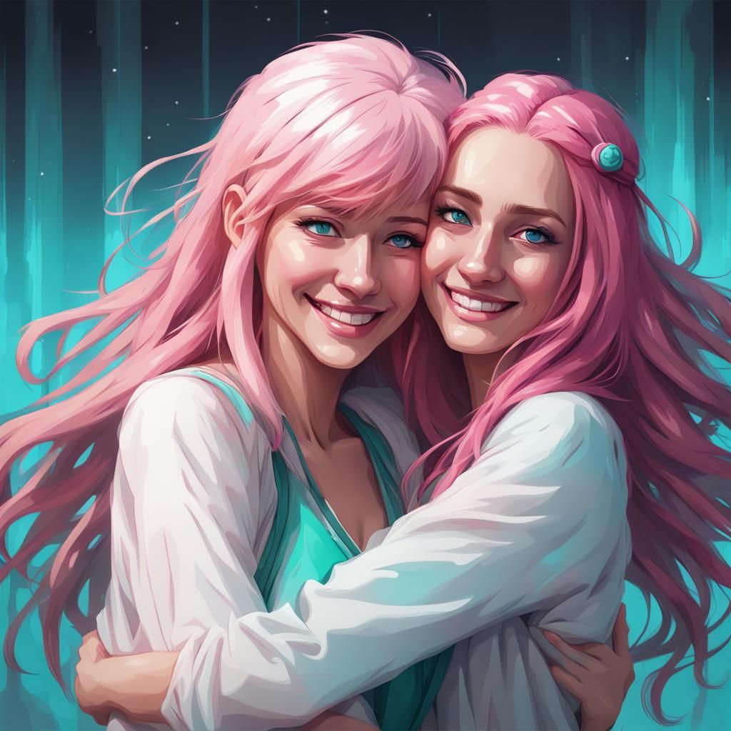 Pink-Haired Women Embrace: Dynamic Acrylic Art