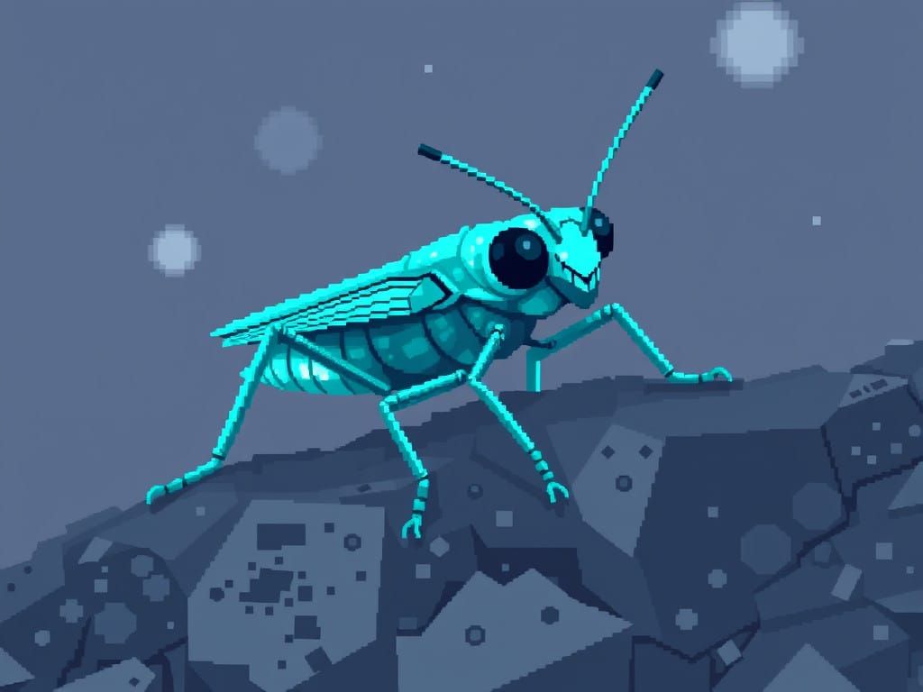 Pixel Cricket in Metallic Gray and Bright Turquoise