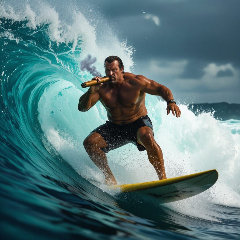 Steven Seagal Surfing and Smoking a Cigar on a Giant Wave