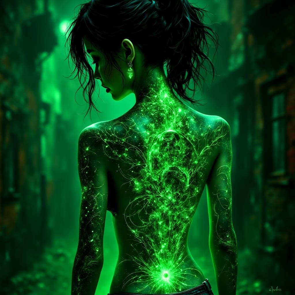 Cyberpunk Anime Woman with Neon Tattoo Portrait