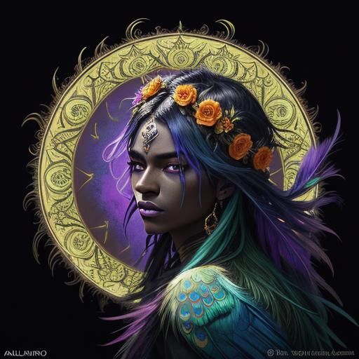 Fantasy Woman with Peacock Feathers, Digital Art