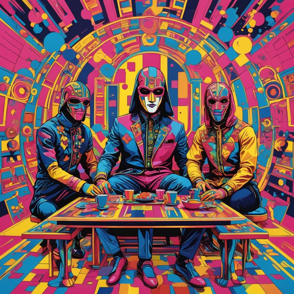 Masked Figures at Table in Pop Art Style