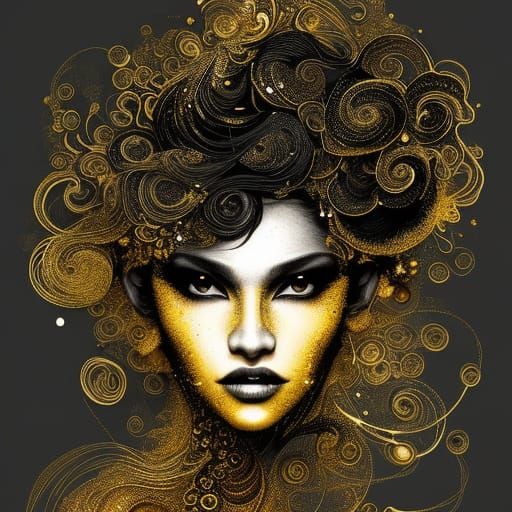 Fantastical Black and Gold Woman Portrait in Ink Flow Art