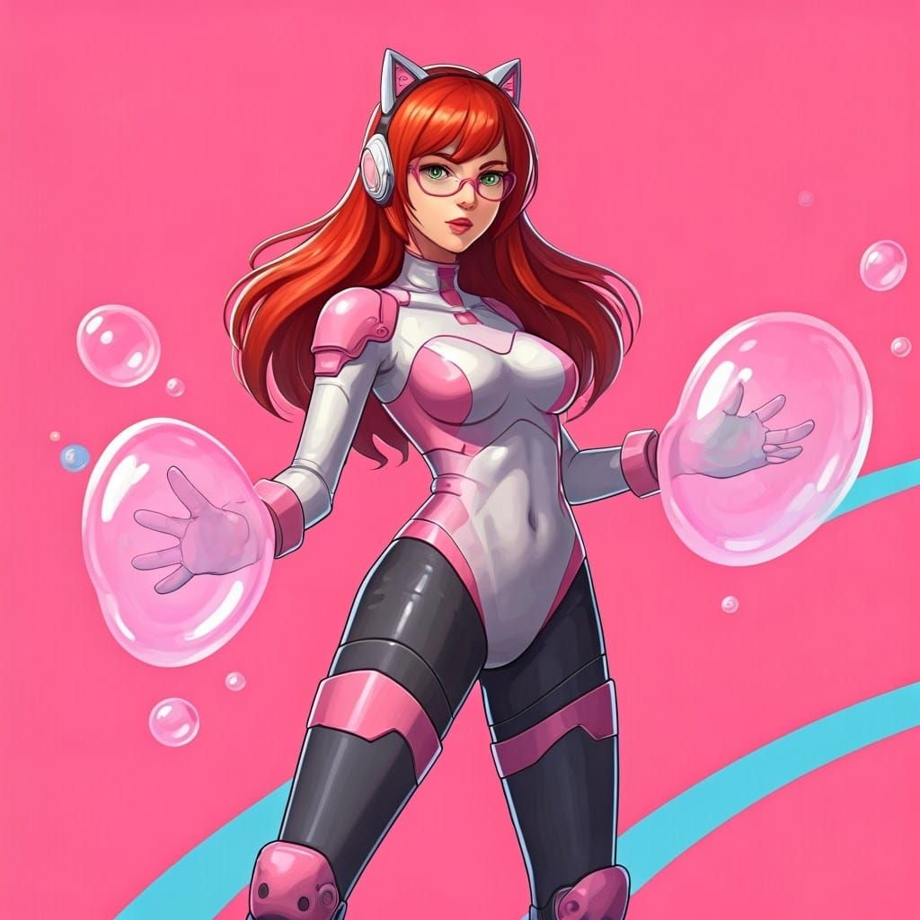 Confident Futuristic Girl with Red Hair and Cat Ears Shoots...