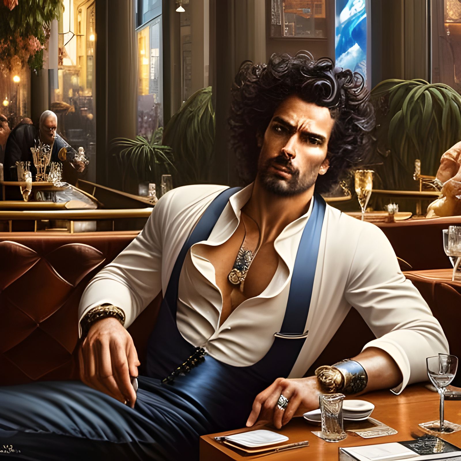 Gorgeous Man Relaxing in Café, Rococo Style