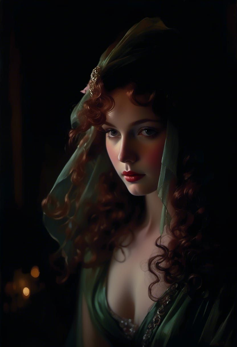Elegant Redhead in 1920s Gown, Surreal Portrait