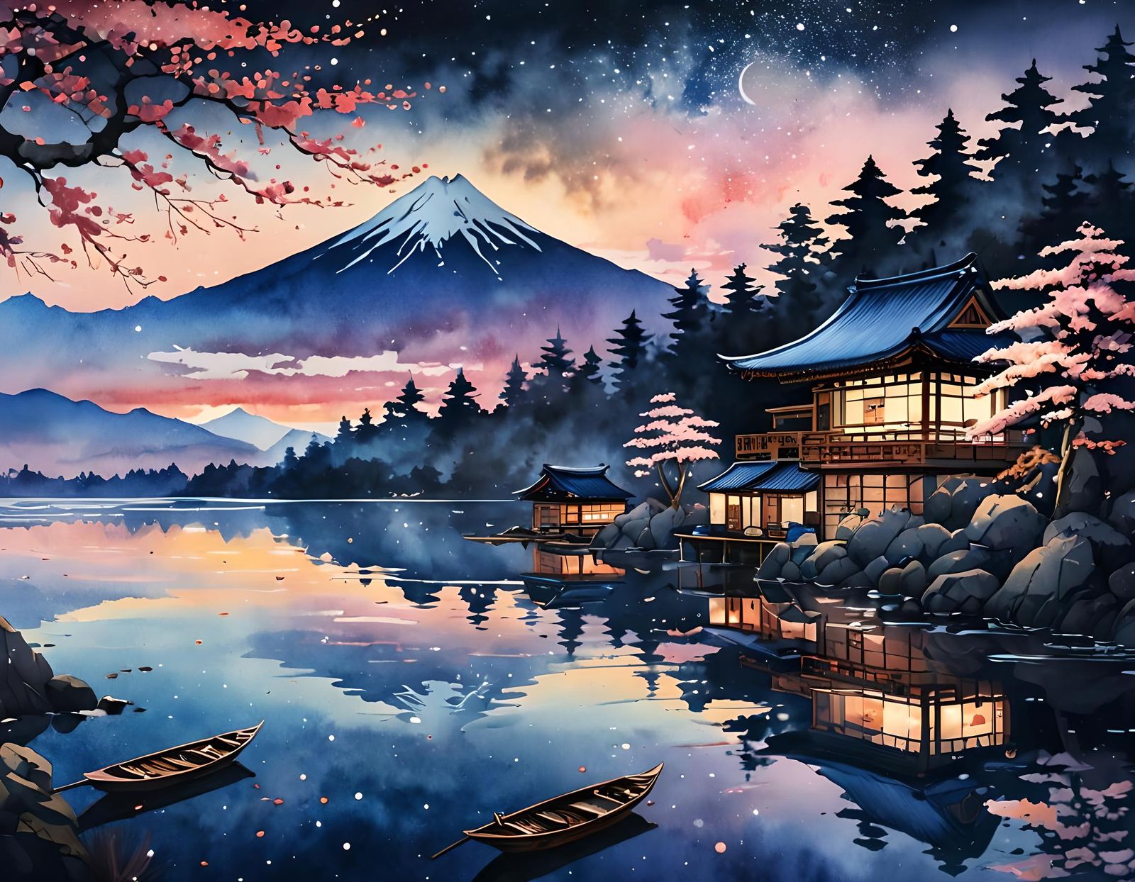 Watercolor Mountain Landscape at Night, Japanese Style