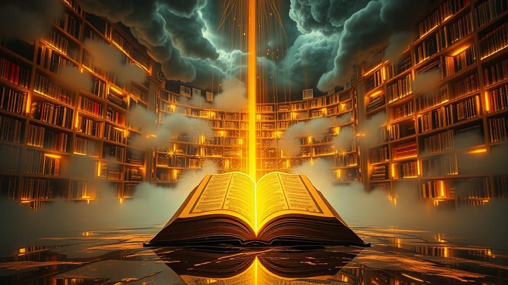 Luminous Library with Bioluminescent Books in Ethereal Scene