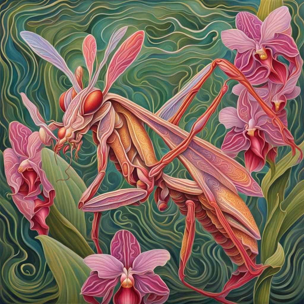 Orchid Mantis in Visionary Gouache Style