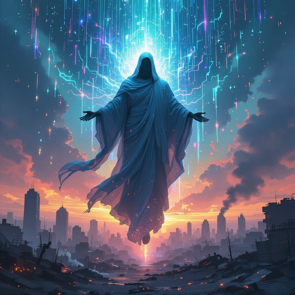 Cosmic Deity of Data Overlooks War-Torn City