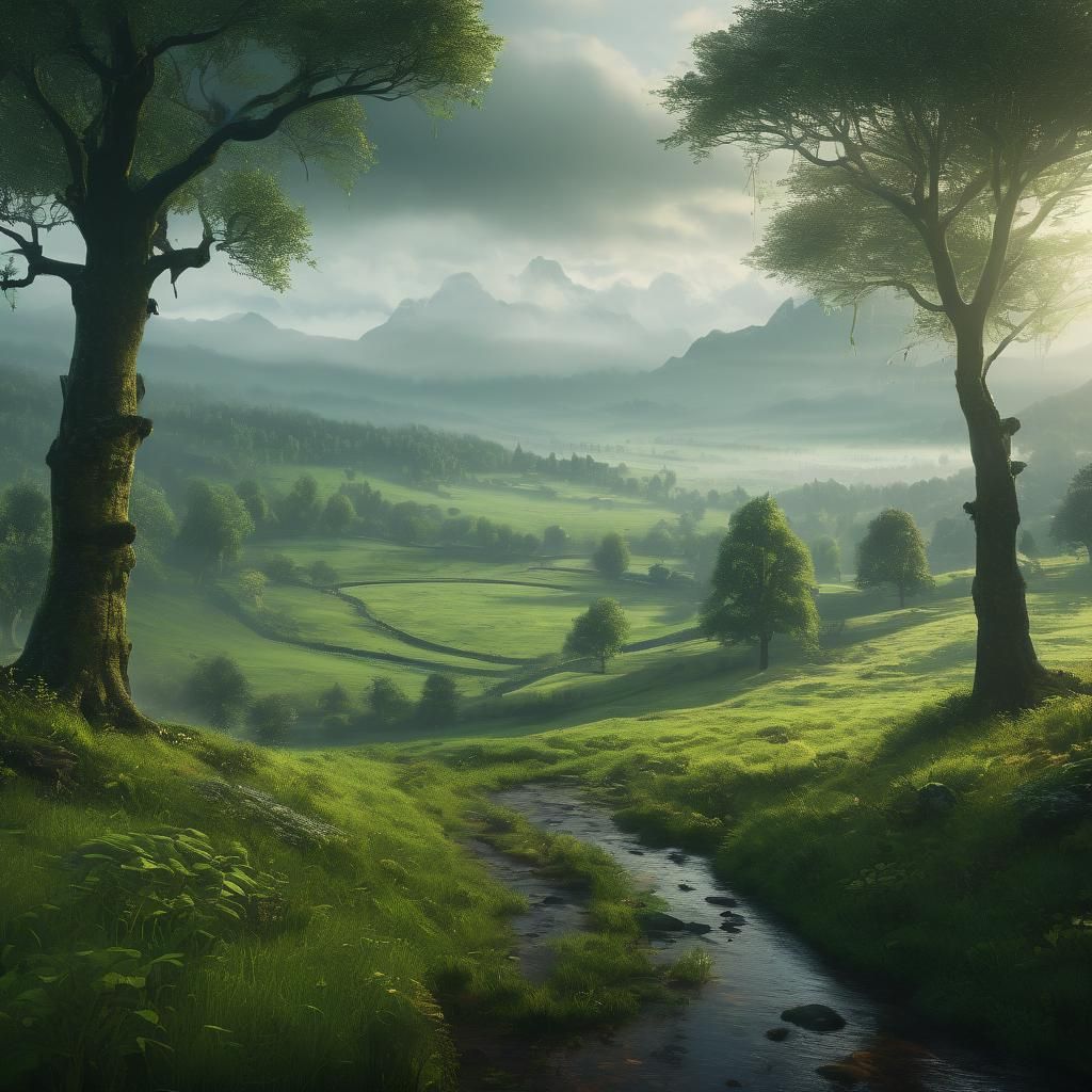 Serene Green Landscape in Misty Weather