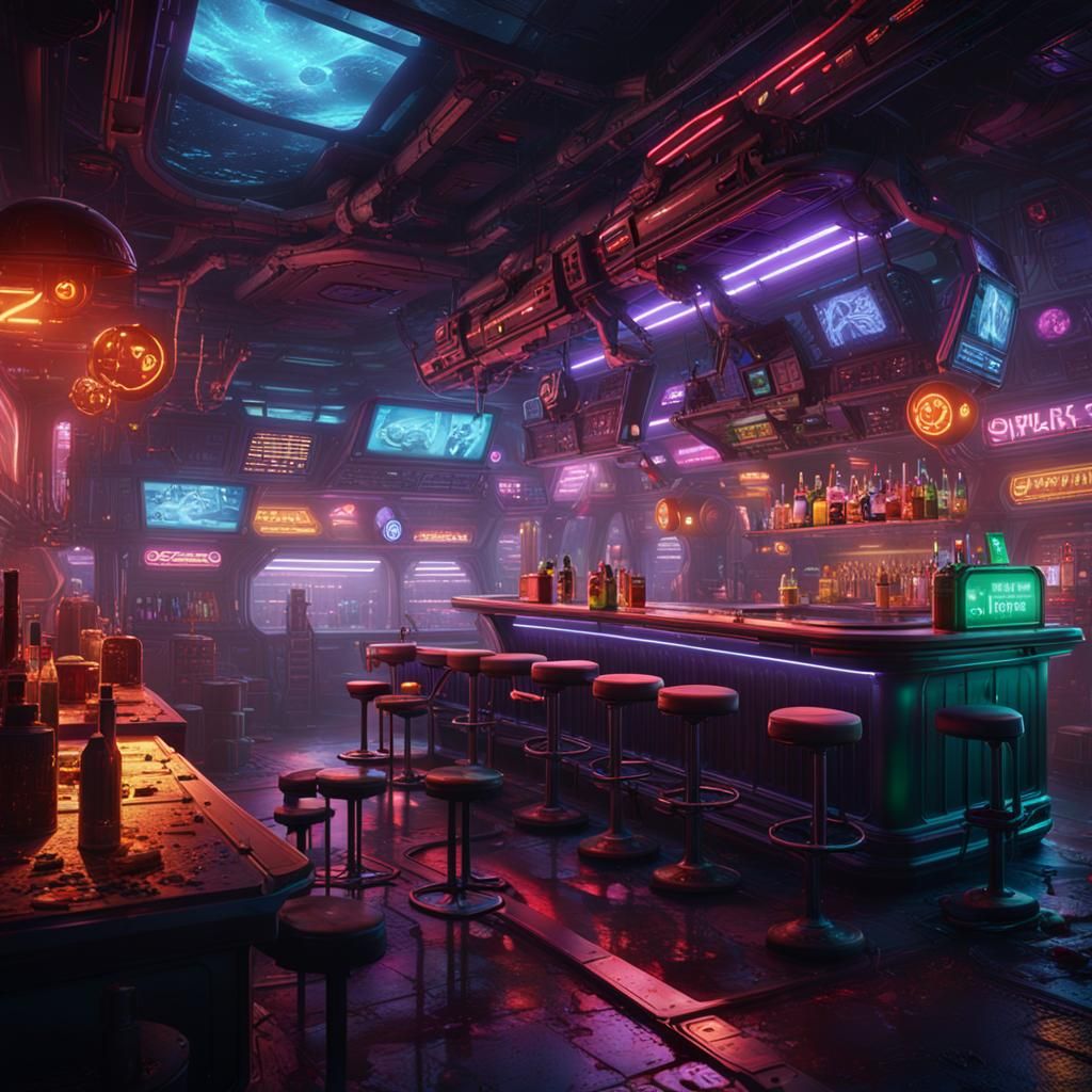 Cyberpunk Bar Scene on Space Station with Aliens