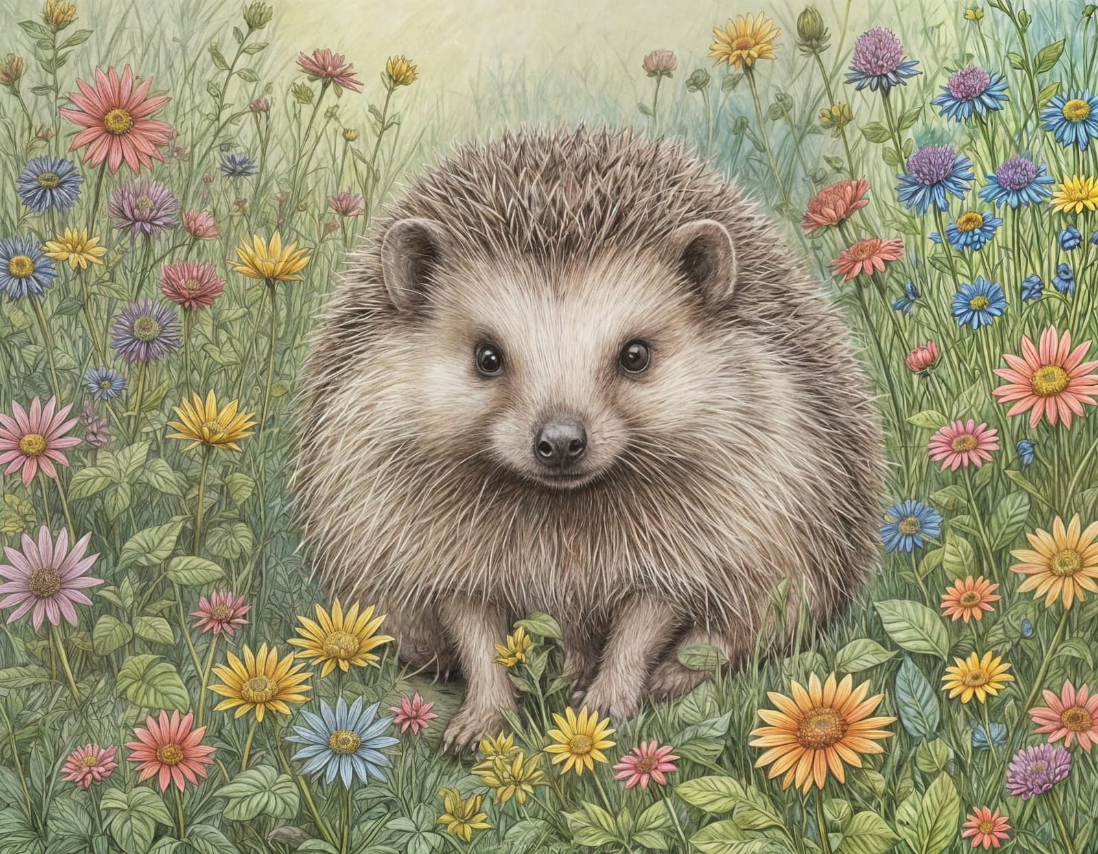 Whimsical Hedgehog in a Vibrant Garden Scene