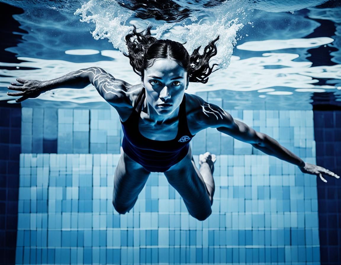 Monochrome Cyanotype: Woman Posing by Pool