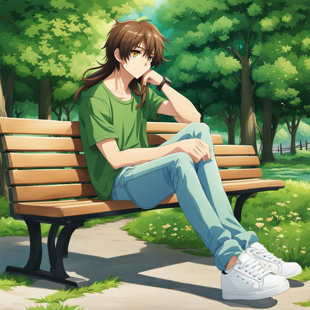 Anime Teenage Boy Sitting on Park Bench
