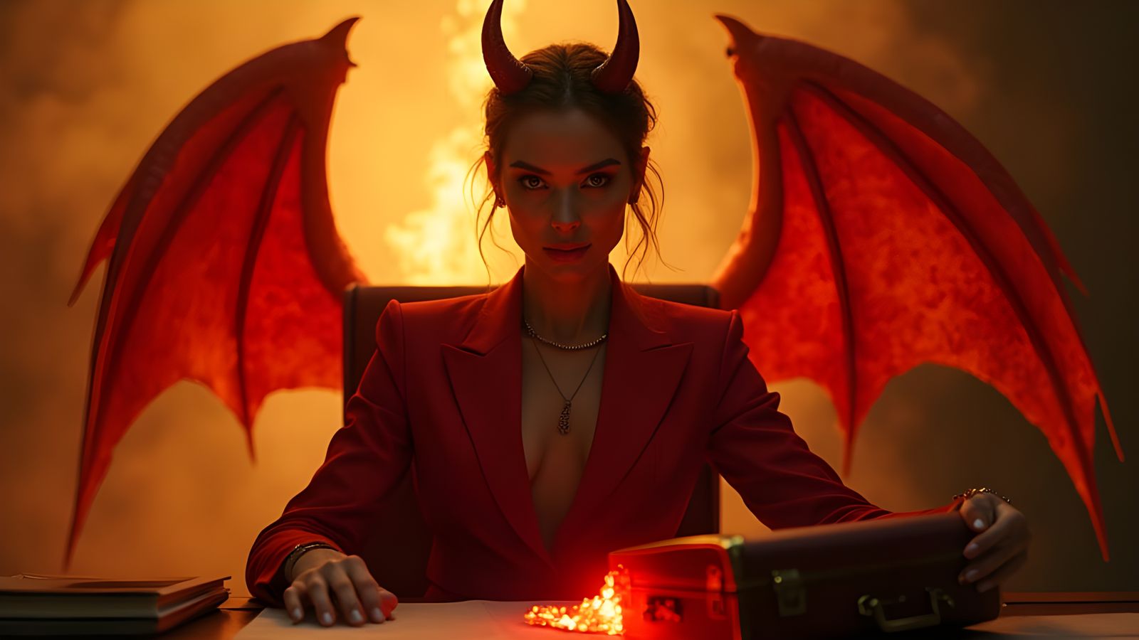 Editorial Portrait of a Devilish Woman in Fiery Suit