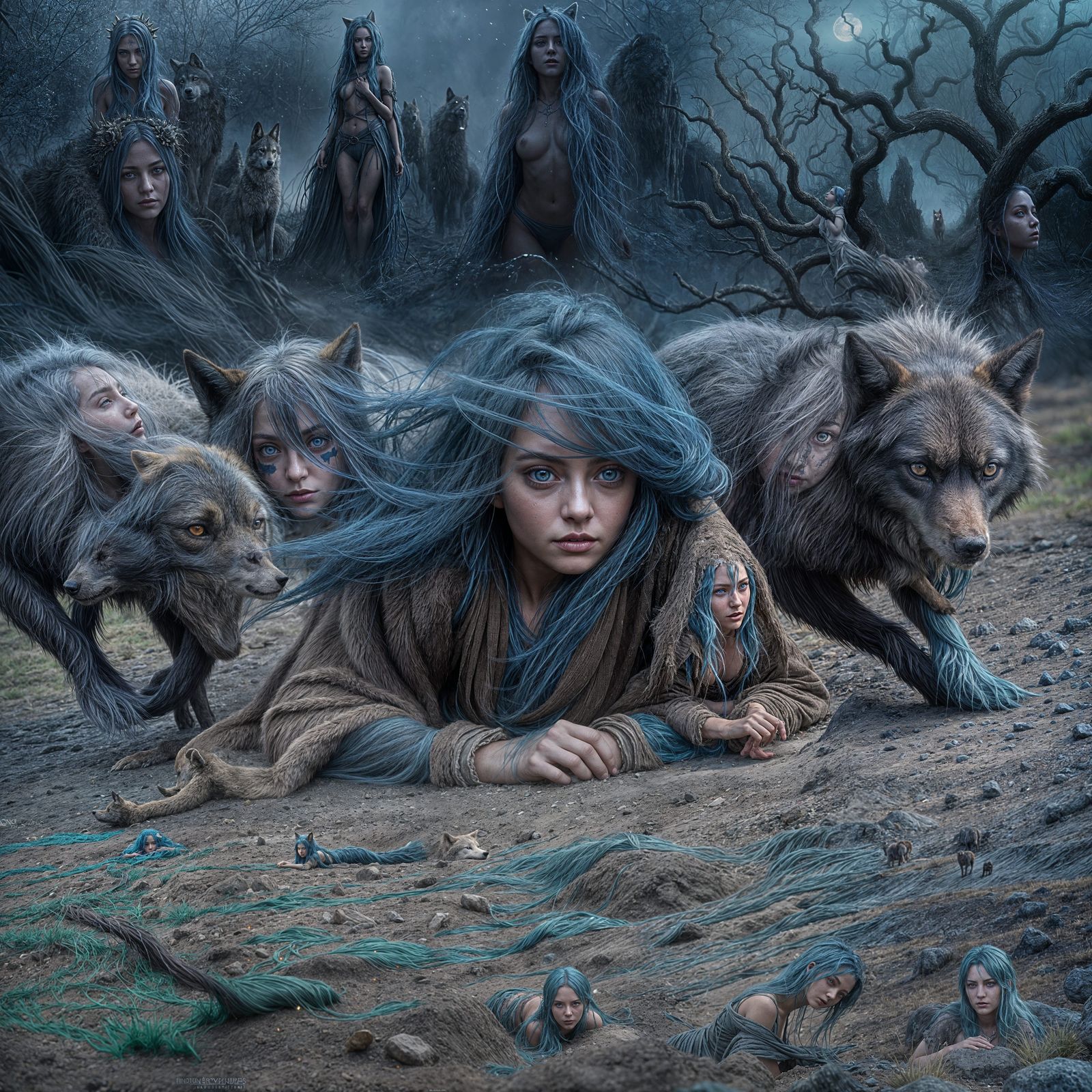 Fierce Goddess in Tattered Robes, Surrounded by Ghostly Wolv...