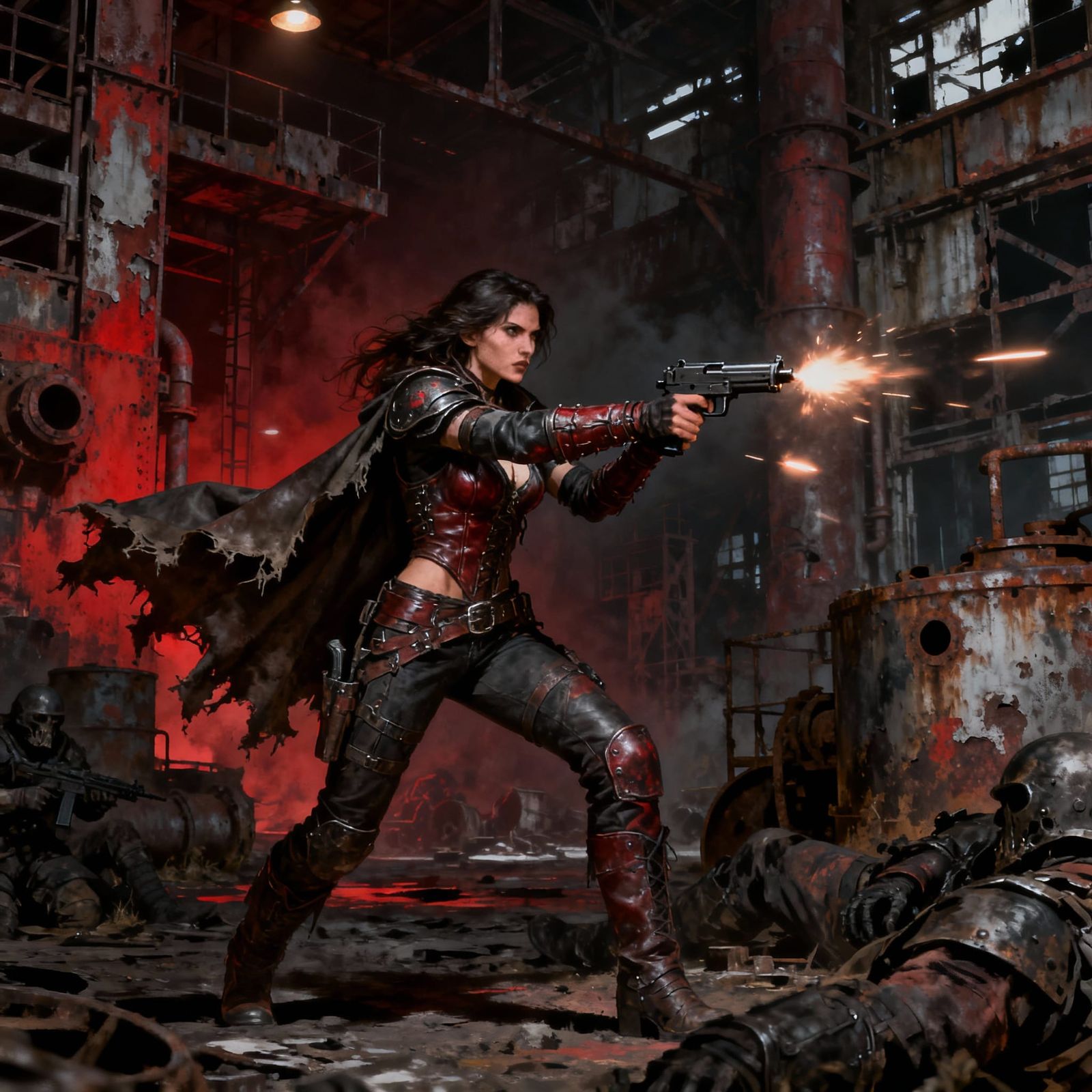 Gothic Warrior Fights in Ruined Factory