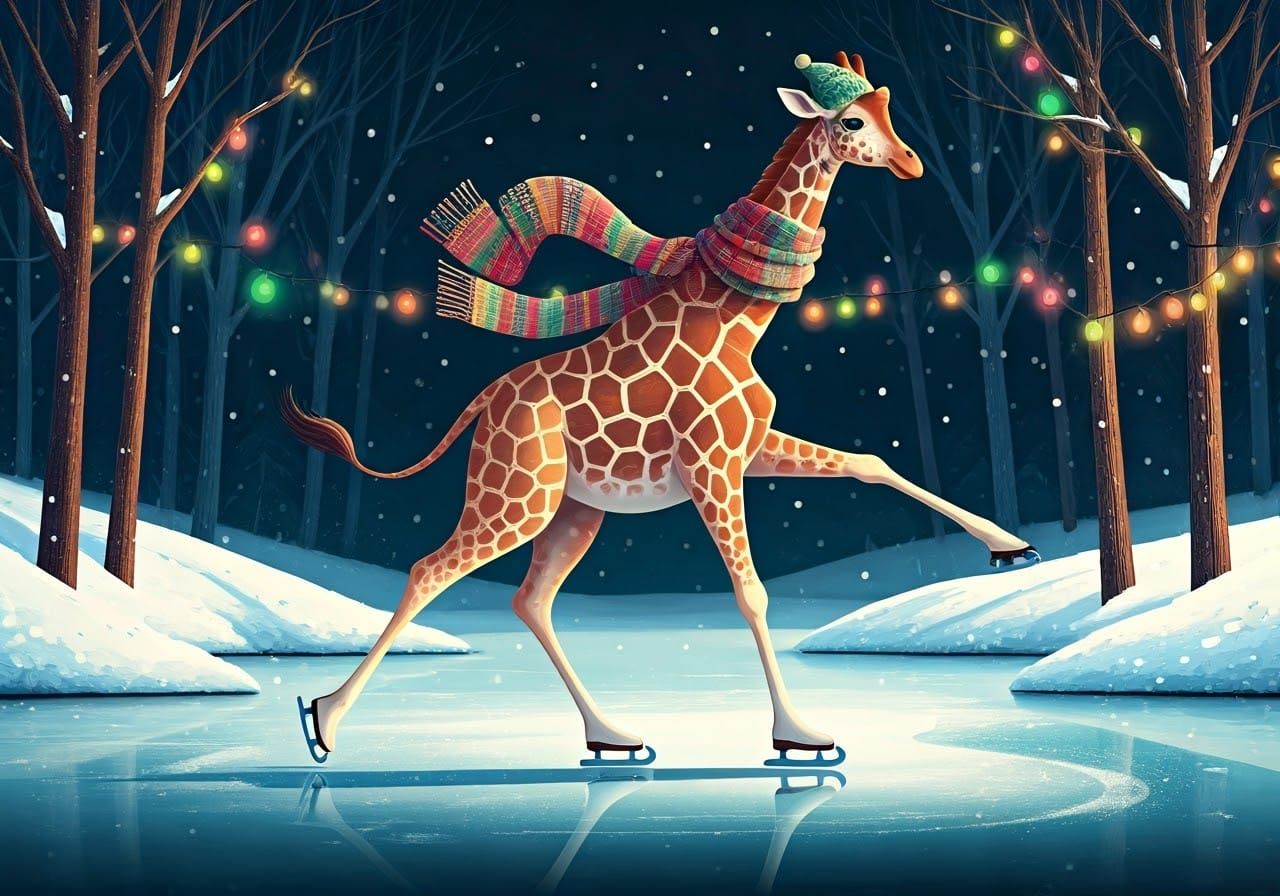 Giraffe Ice Skater in Whimsical Winter Wonderland