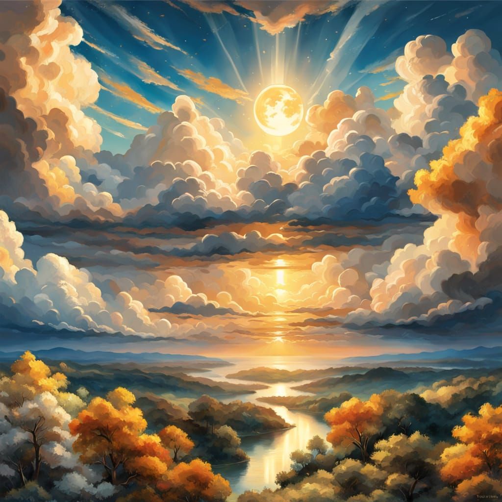 Romantic Landscape with Sun and Moon in Oil Painting Style