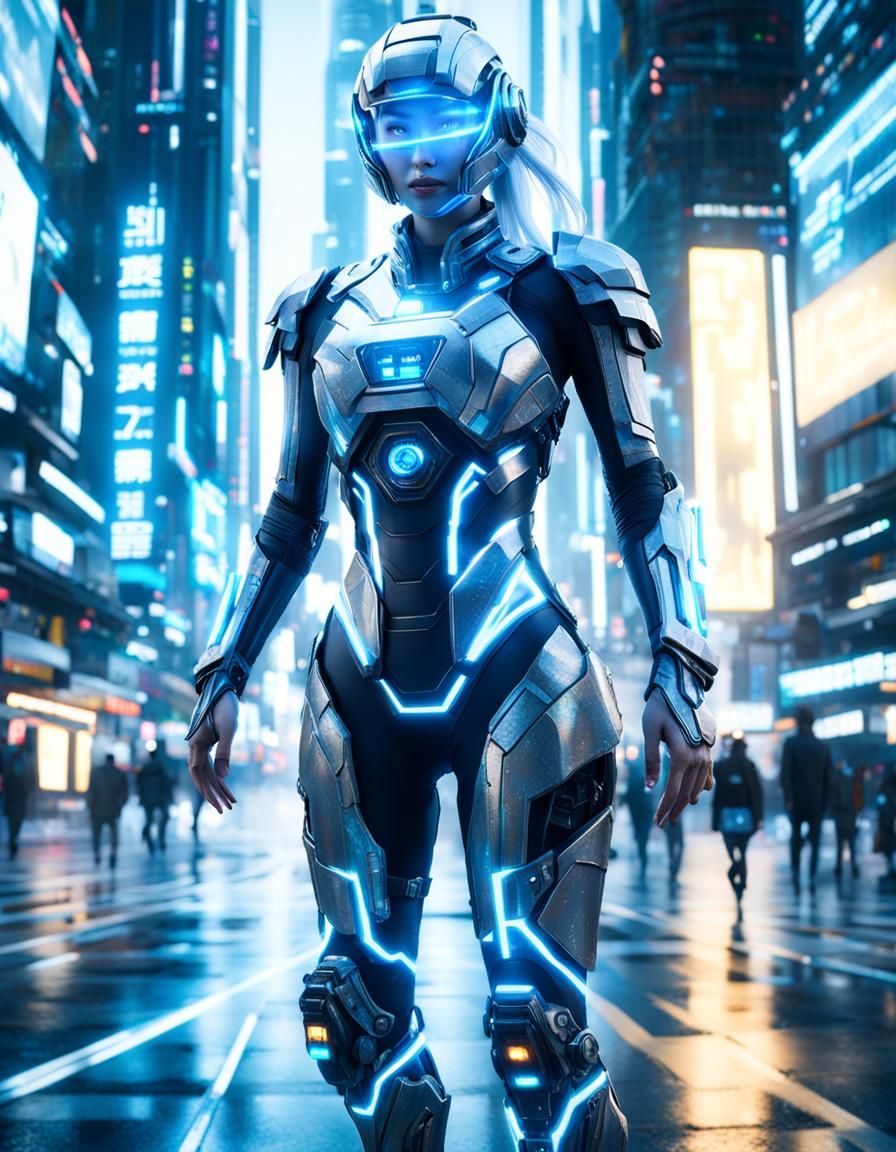 Hologram Woman in Futuristic City, Digital Art