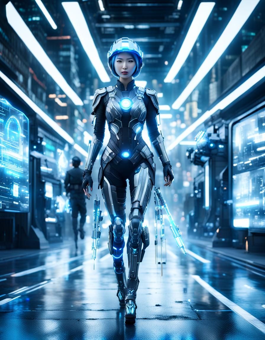 Futuristic Asian Hologram Woman in Cyberpunk City