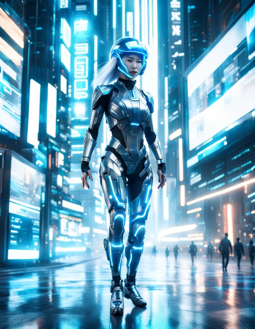 Holographic Asian Woman in Futuristic City, Digital Art