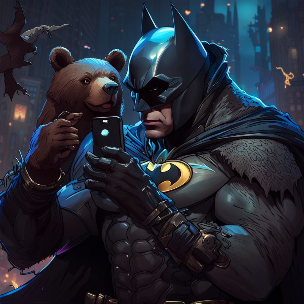 Batman Selfie with Bear: Hyperrealistic Digital Art