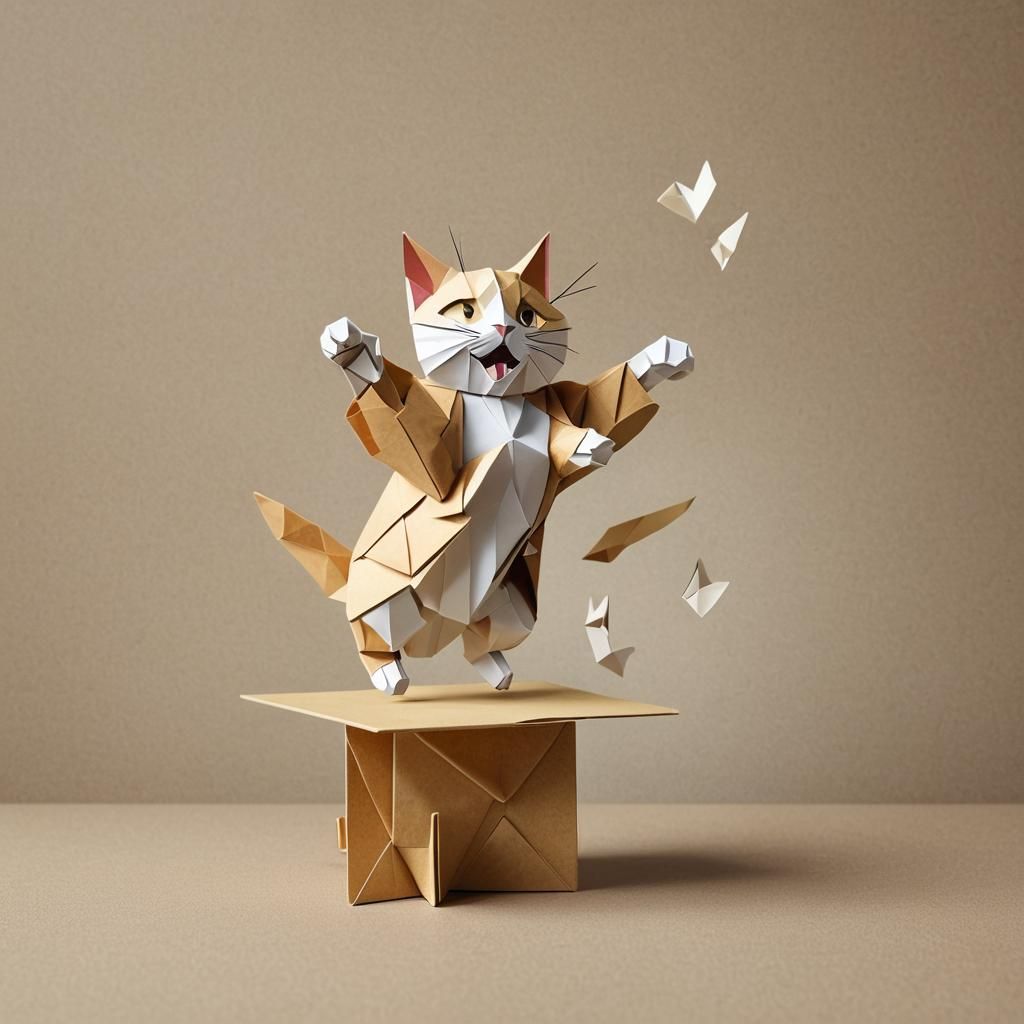 Origami Cat Mid-Jump, Papercraft Style