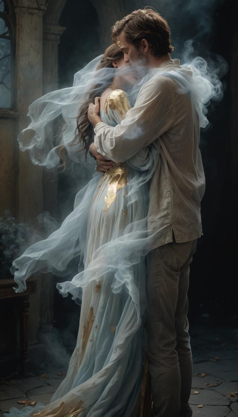 Heartbroken Man Embraces Ghost in Pastel Hues