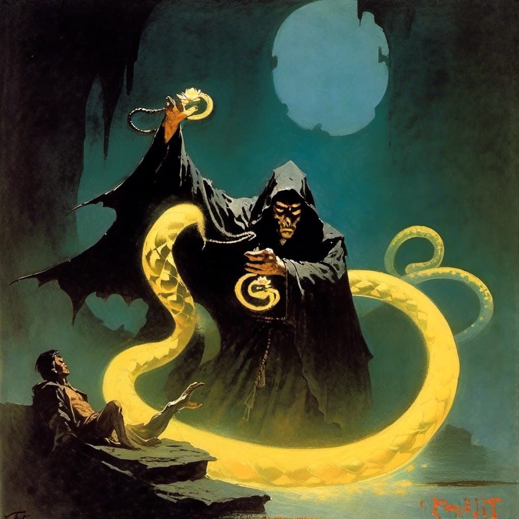 Thief Steals Lotus from Serpent, Frazetta Style