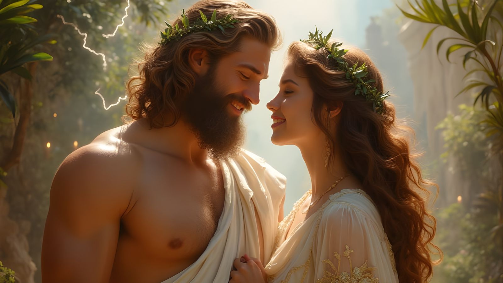 Classical Zeus Admires a Handmaid in a Sunlit Mediterranean...