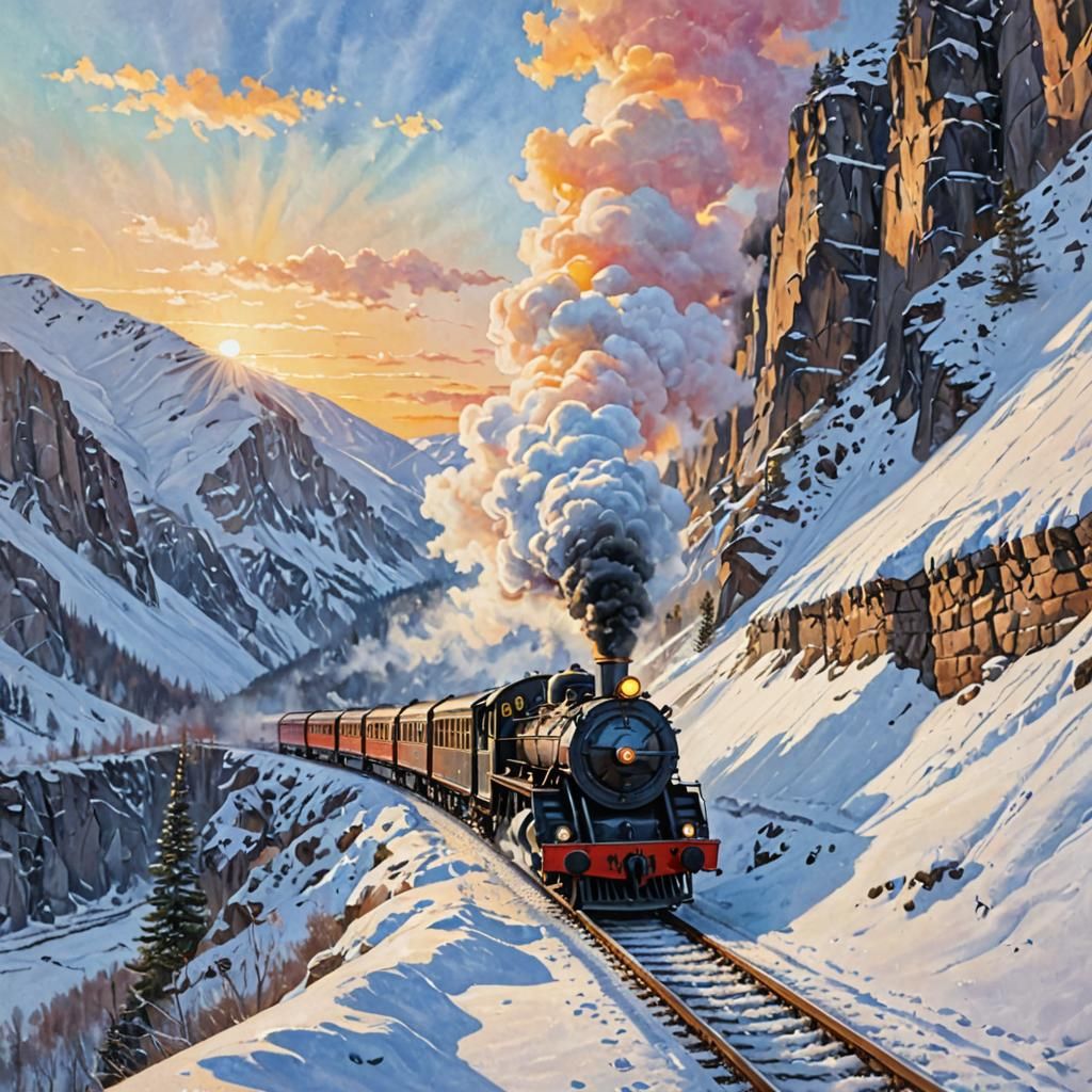 Steam Train Emerges in Snowy Mountains: Watercolor