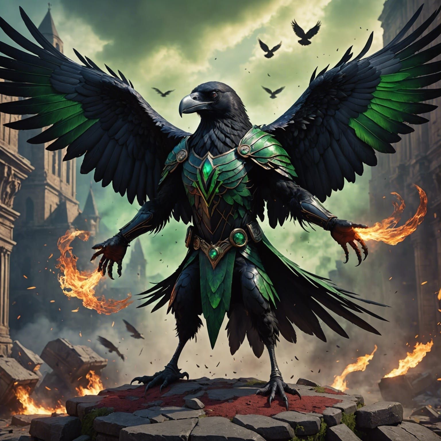 Anthropomorphic Raven Mage with Explosions, Digital Art