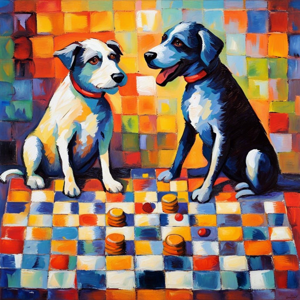 Dogs Playing Checkers in Expressionist Oil Painting